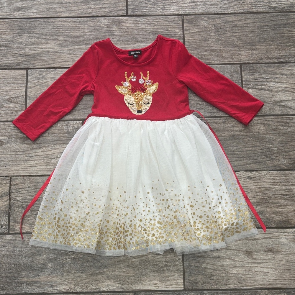 Red & White Sequin Reindeer Tulle Dress